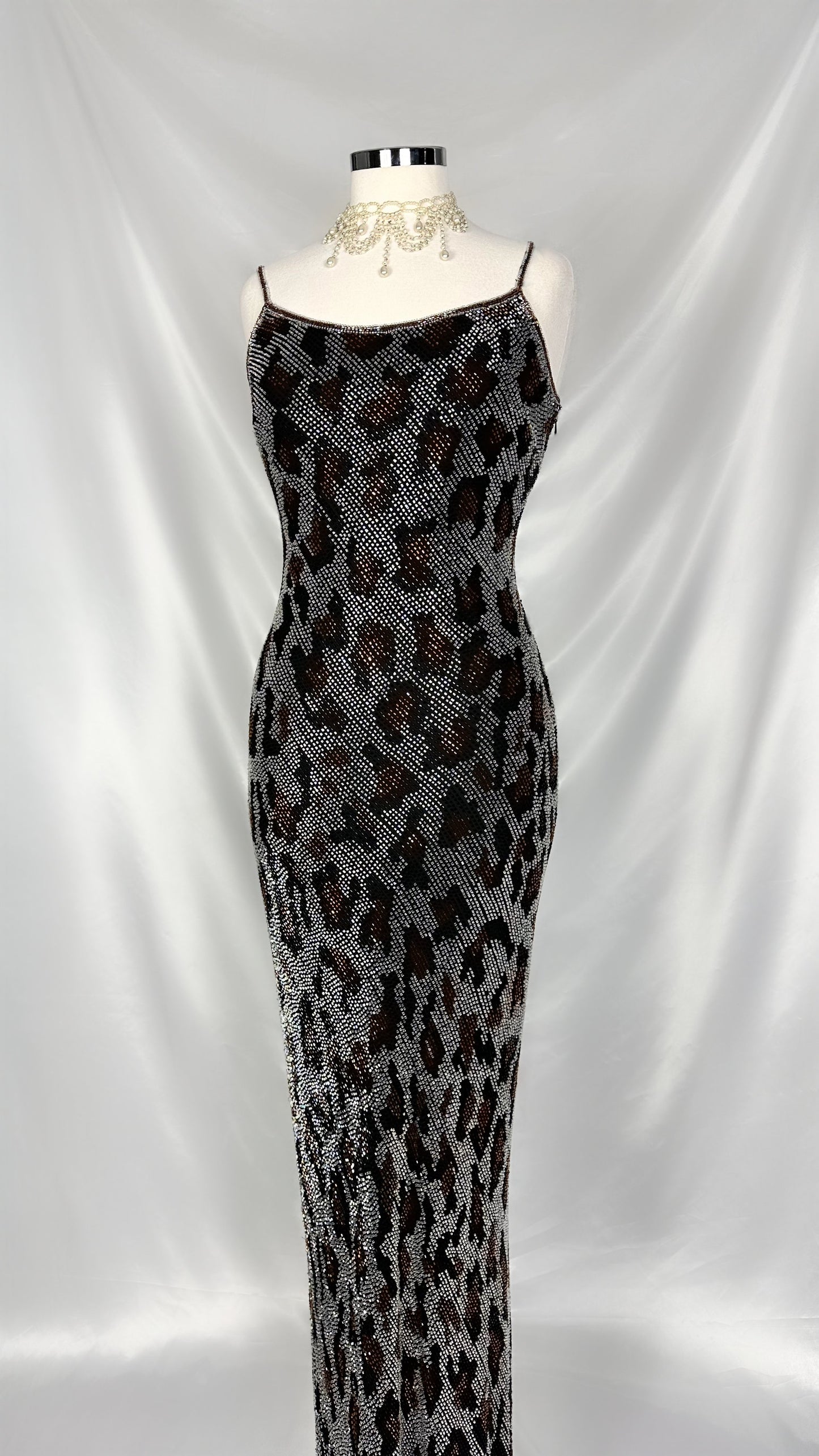 STEEL GREY LEOPARD FANTASY EMBELLISHED SILK GOWN