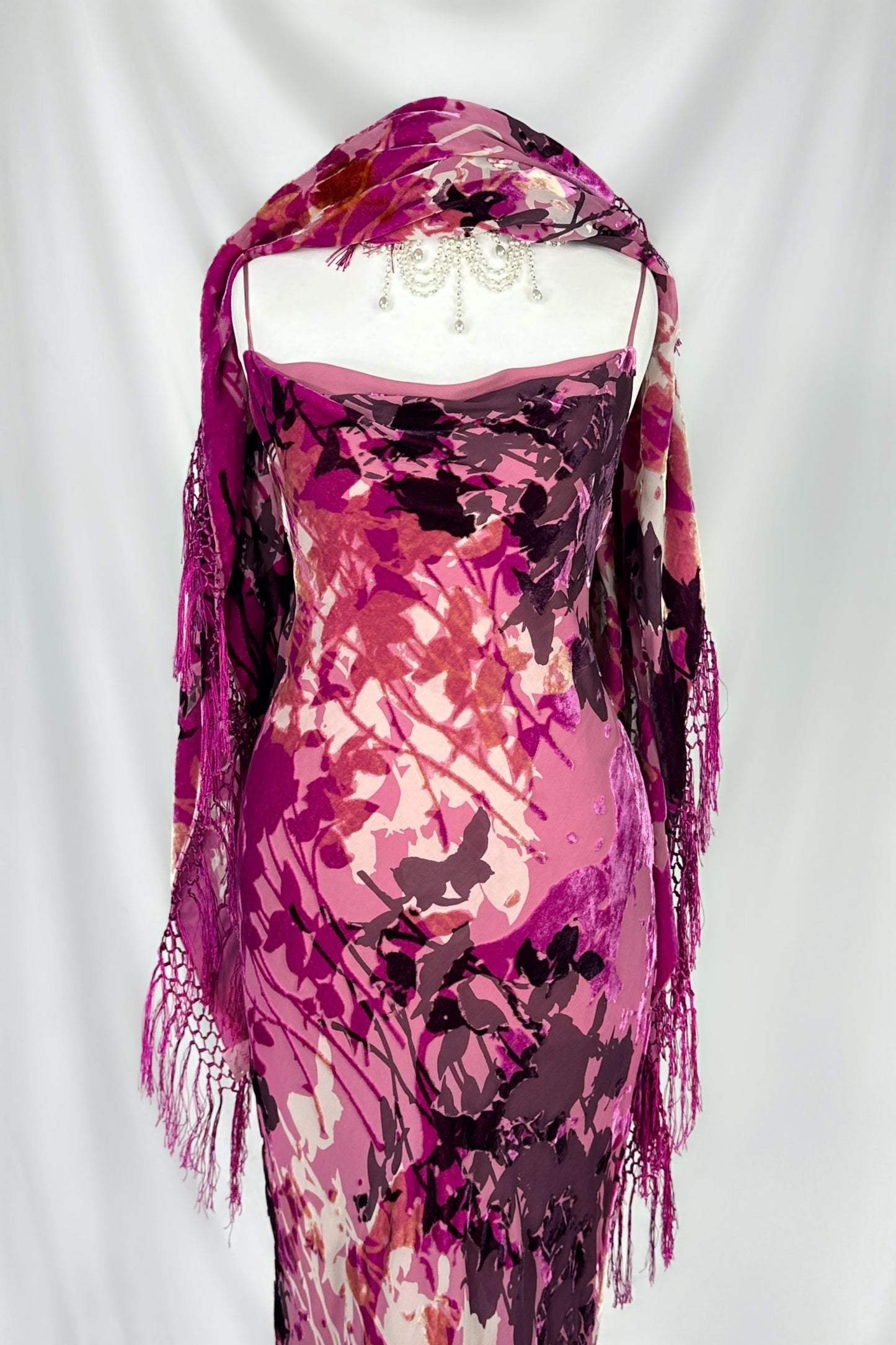 FUSCHIA FLORALS VELVET SILK DEVORE MAXI DRESS WITH SHAWL