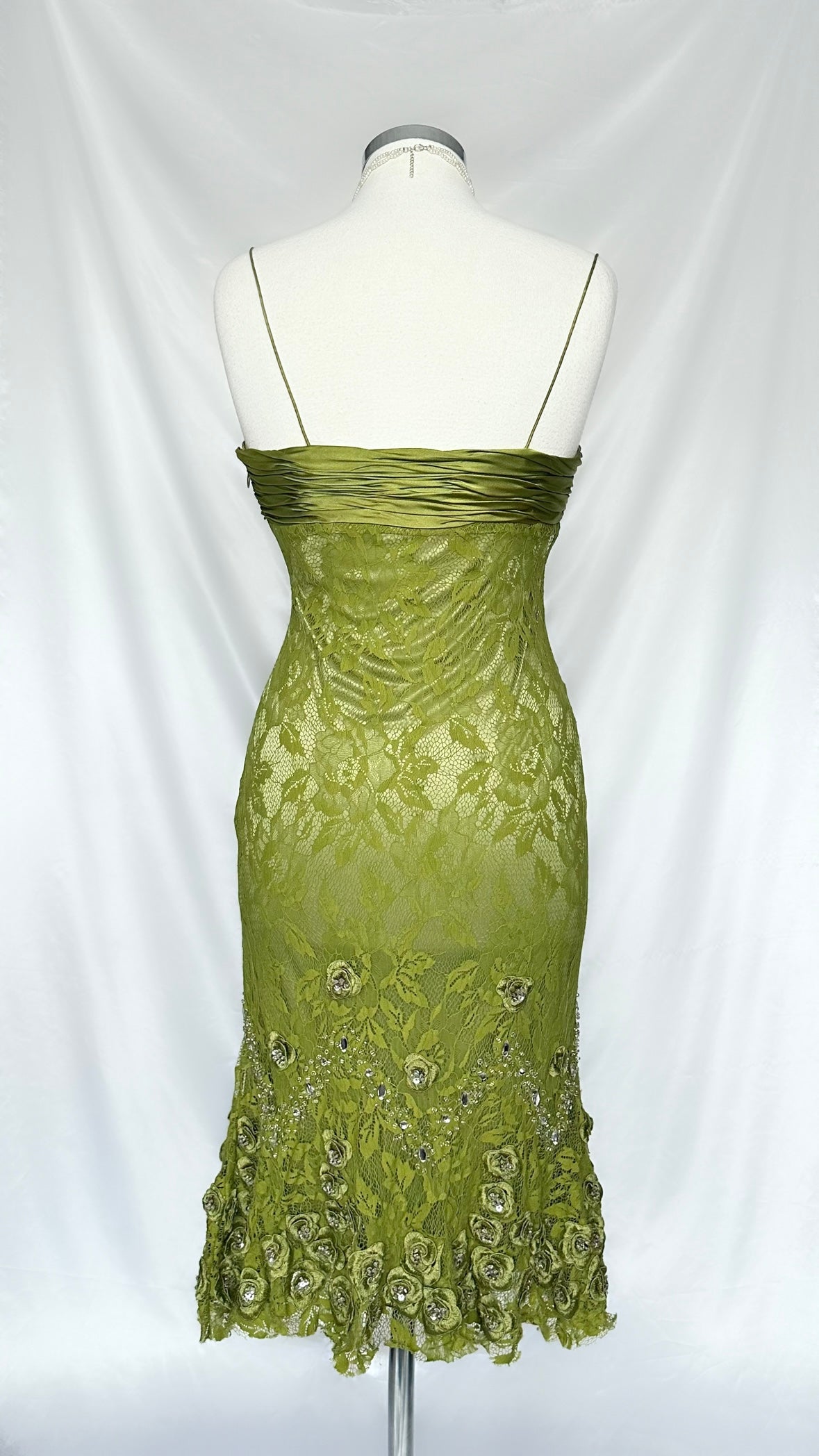 GREEN LACE FLORAL DIAMANTÉ EMBELLISHED MIDI DRESS WITH MATCHING CARDIGAN