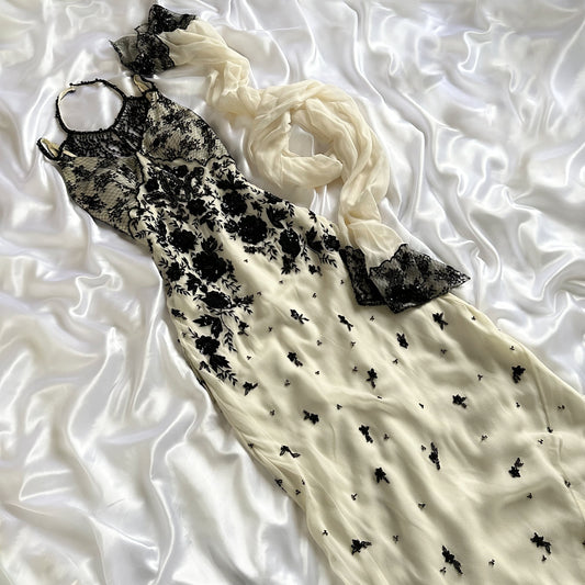 FLAPPER GIRL IVORY EMBELLISHED CHOCKER NECK GOWN & SCARF SET