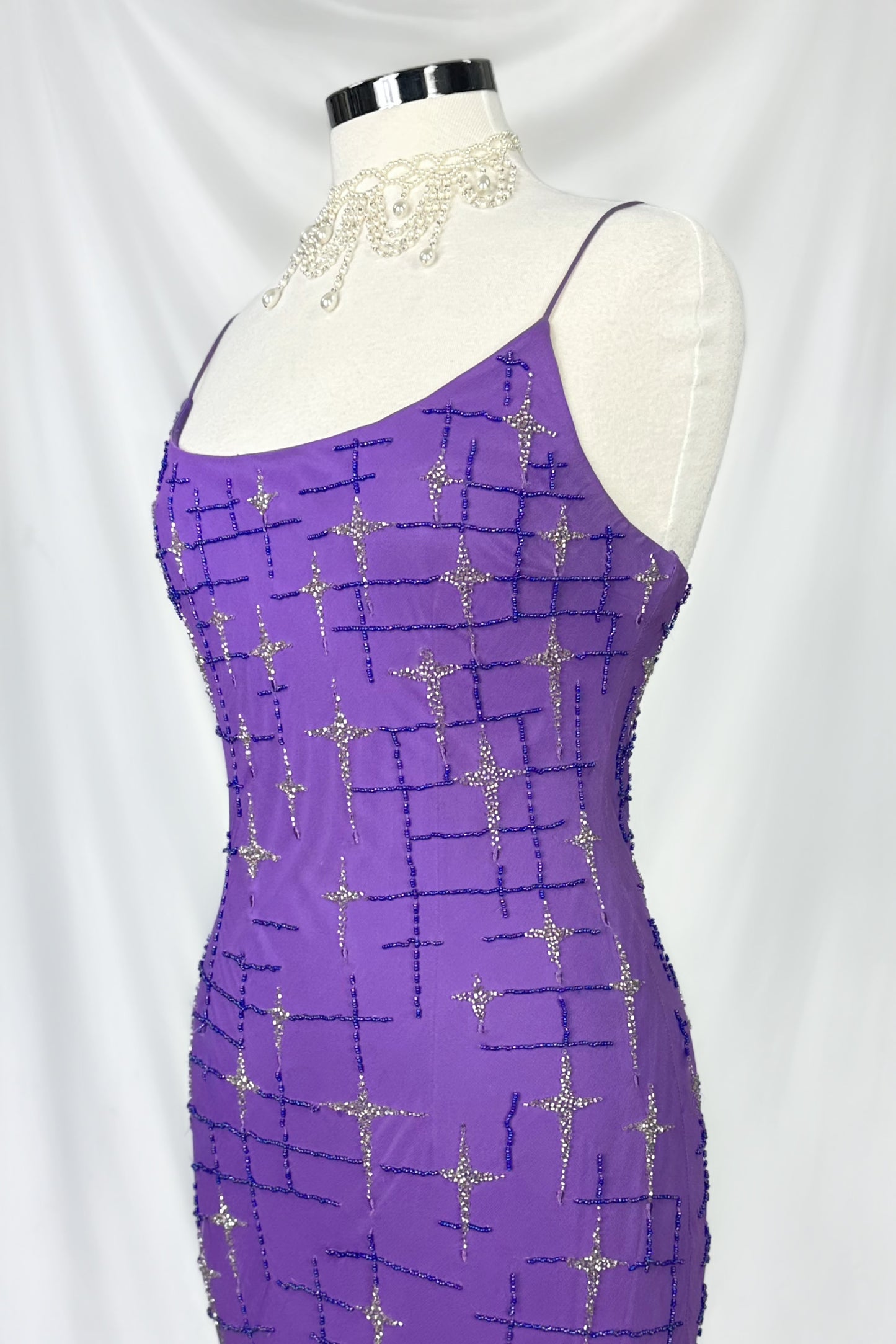 VIOLET STARBURST EMBELLISHED SILK MAXI DRESS