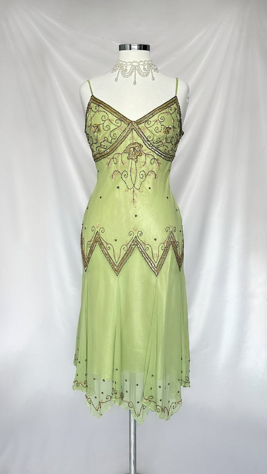 PASTEL GREEN FAIRY EMBELLISHED SILK MIDI DRESS