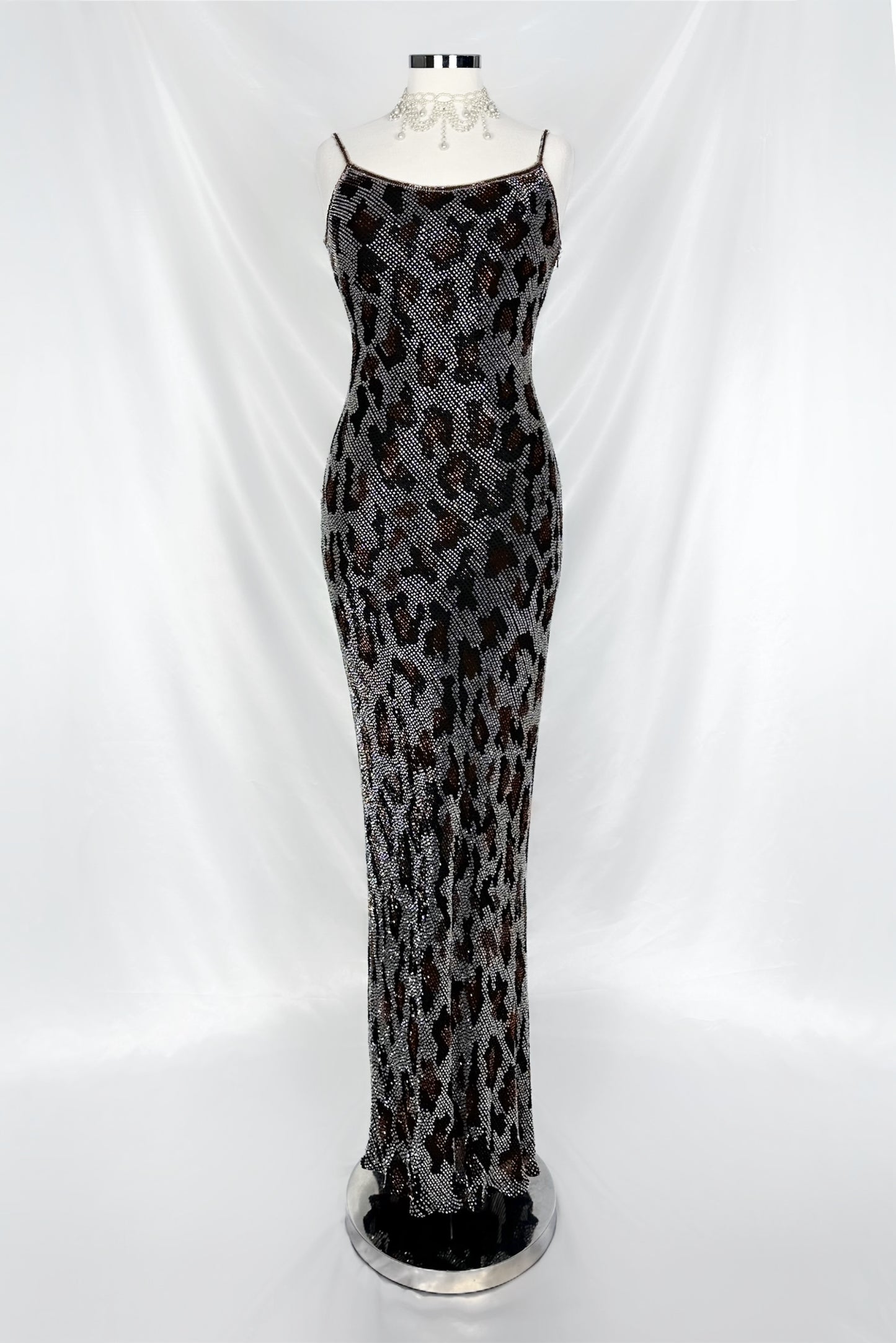 STEEL GREY LEOPARD FANTASY EMBELLISHED SILK GOWN