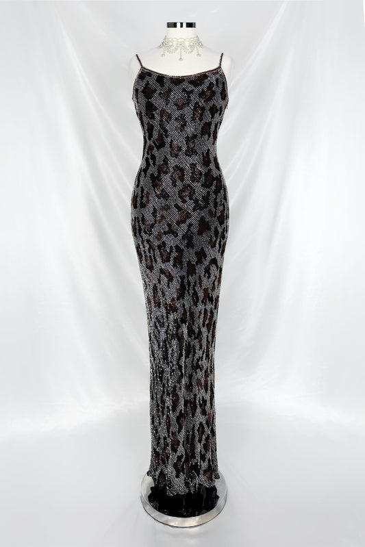 STEEL GREY LEOPARD FANTASY EMBELLISHED SILK GOWN