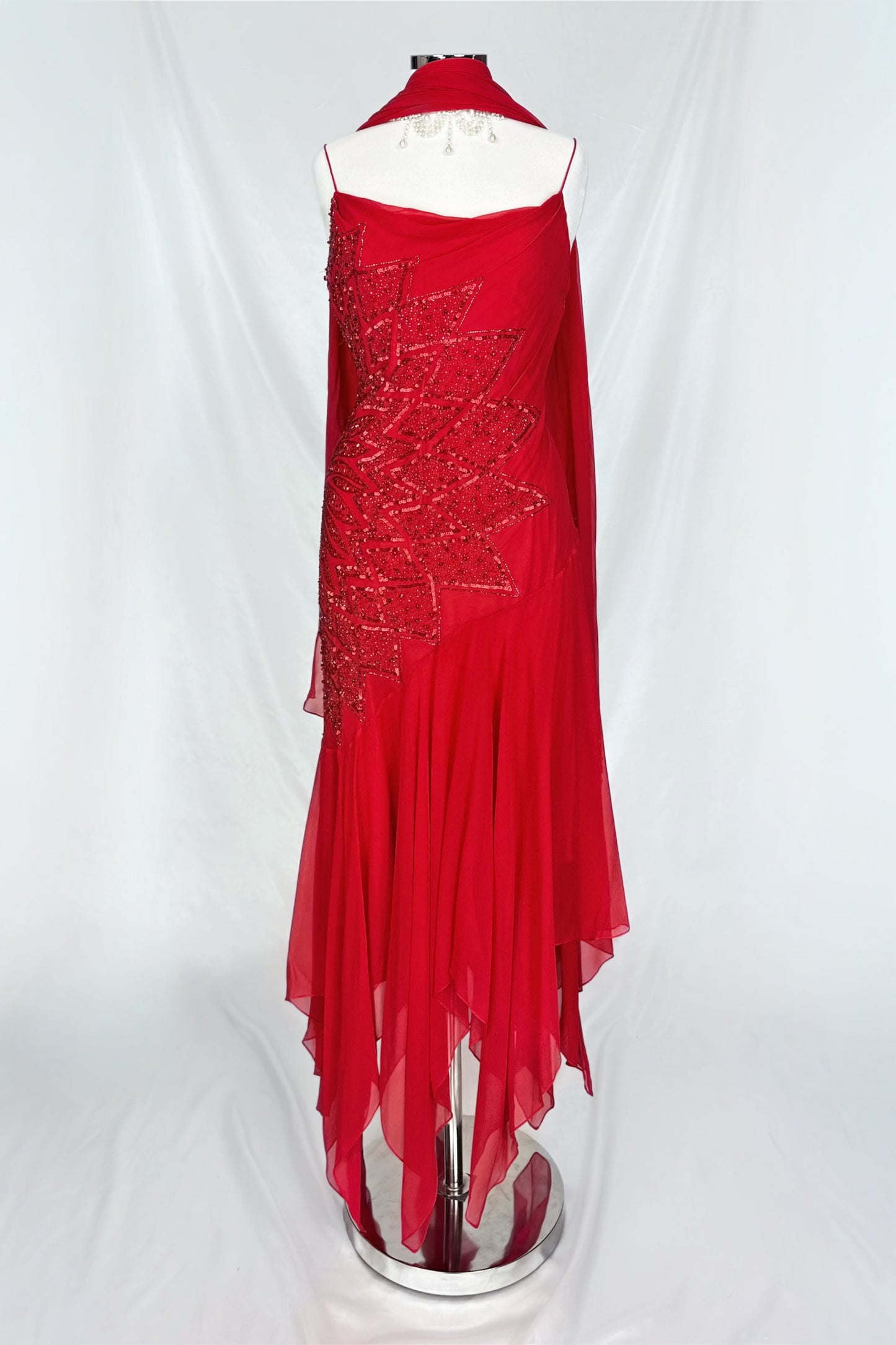 CHERRY RED EMBELLISHED STAR FLOWER SILK MIDAXI DRESS WITH MATCHING SCARF