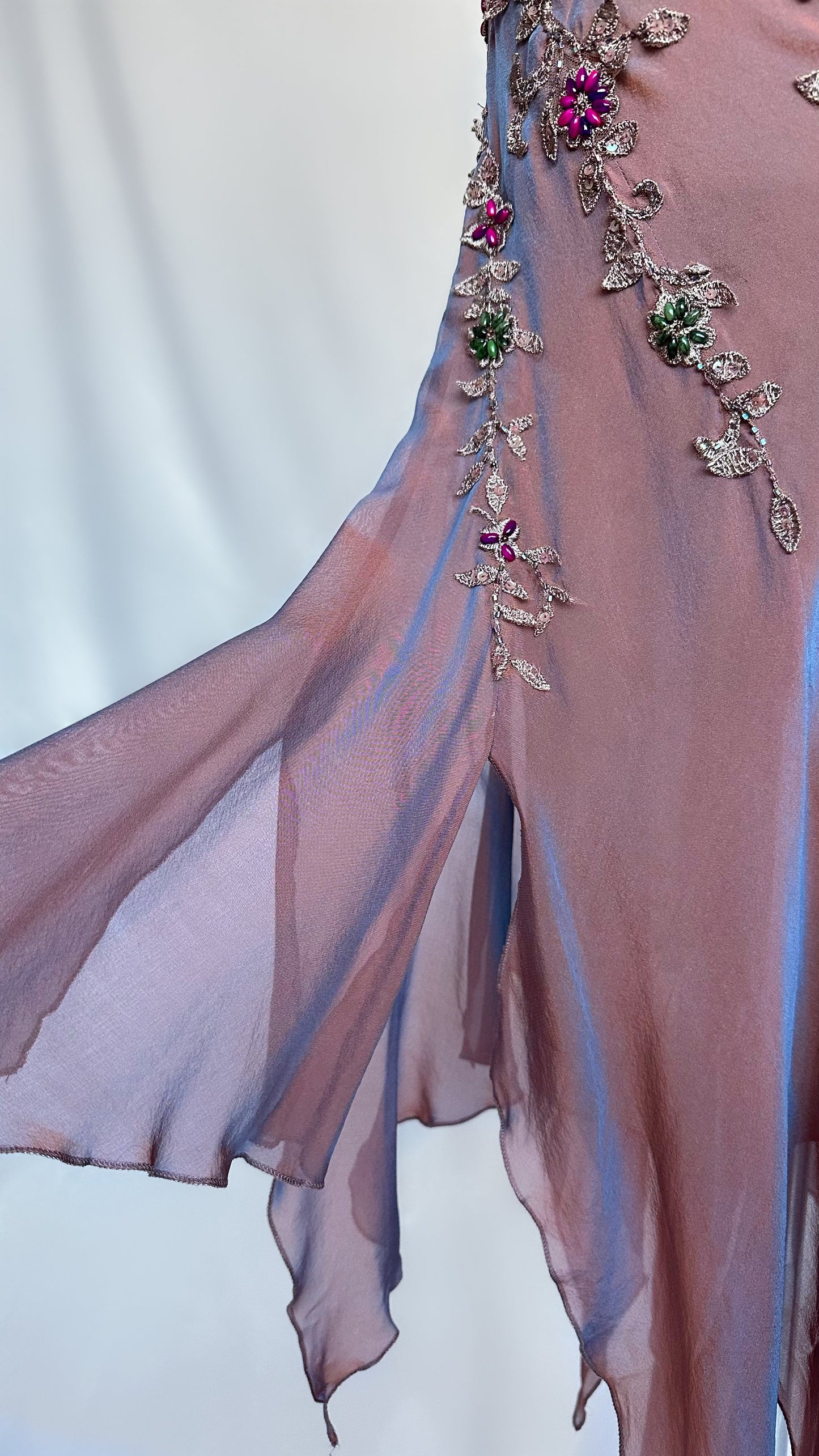 IRIDESCENT DUSK FLORAL EMBELLISHED ASYMMETRICAL MIDI DRESS
