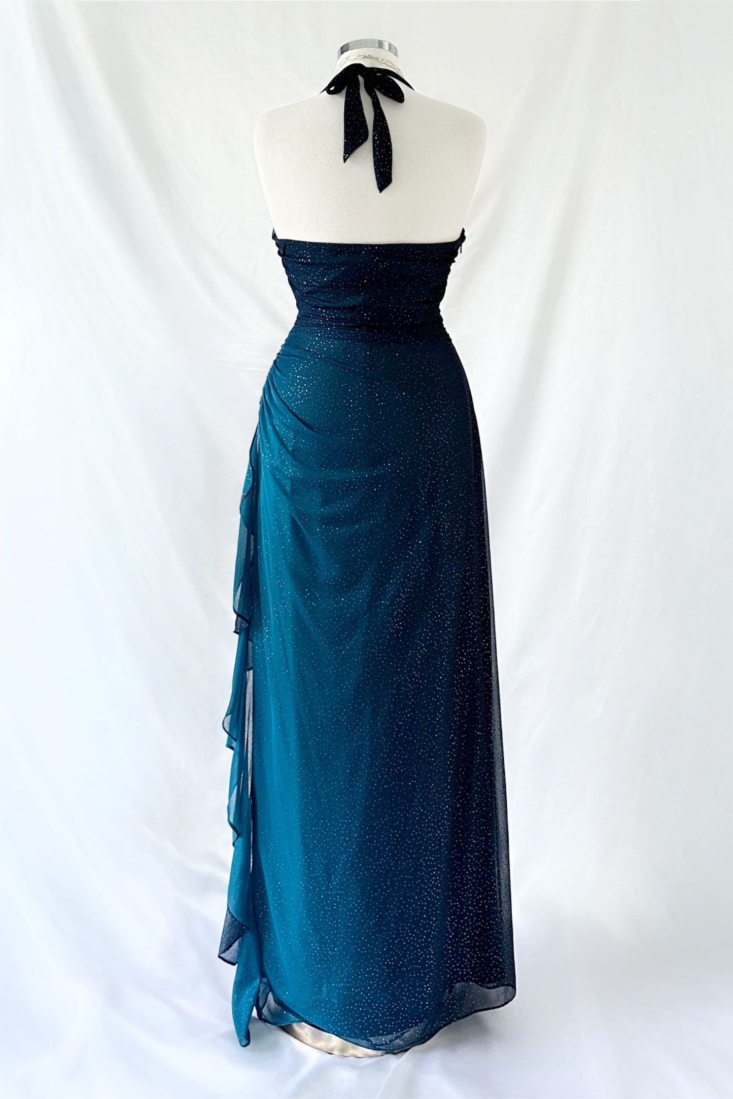 SHIMMERING DARK TURQUOISE OMBRÉ HALTER MAXI DRESS