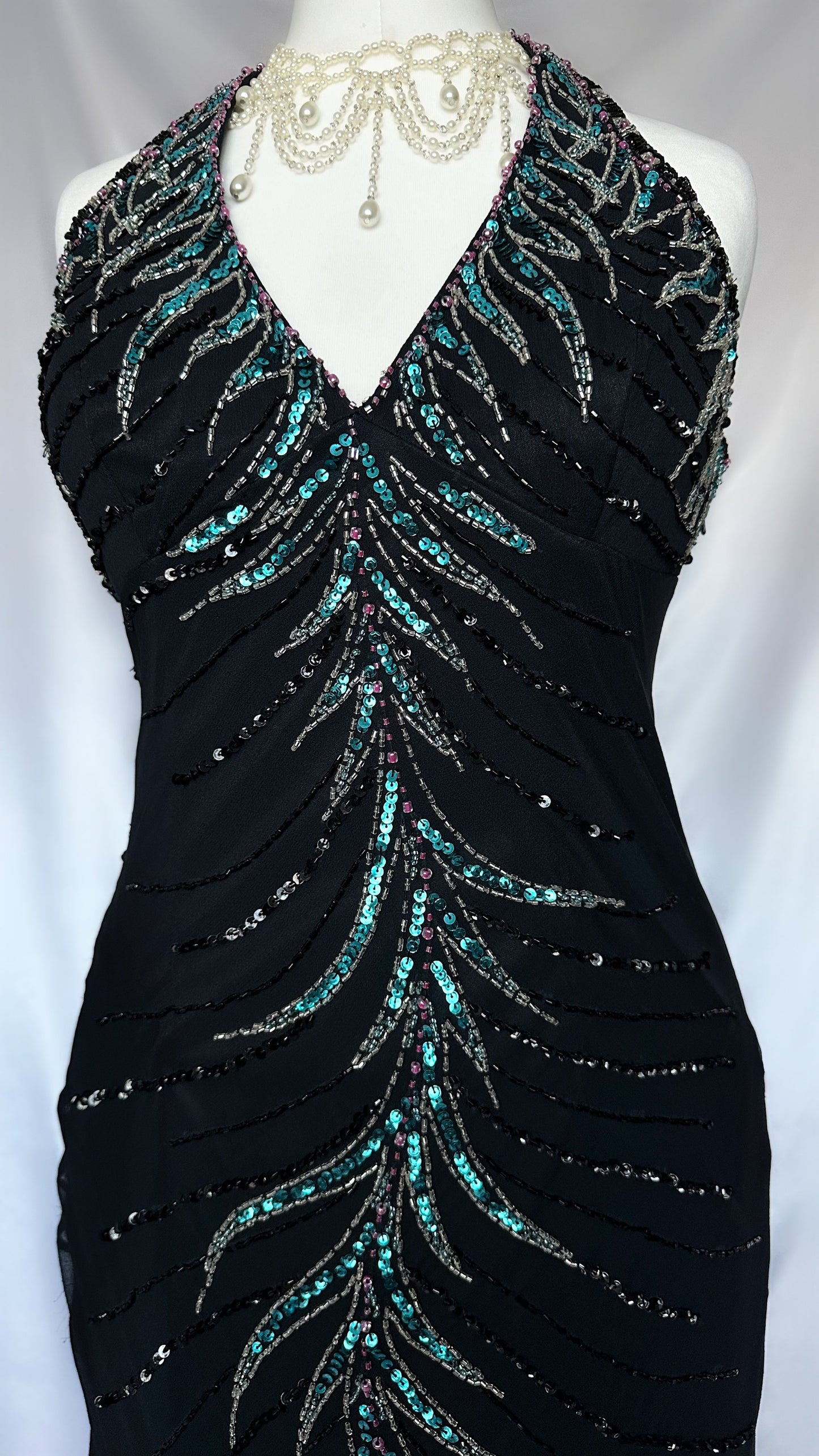 STARBURST BLACK SILK OMBRÉ EMBELLISHED HALTER MAXI DRESS