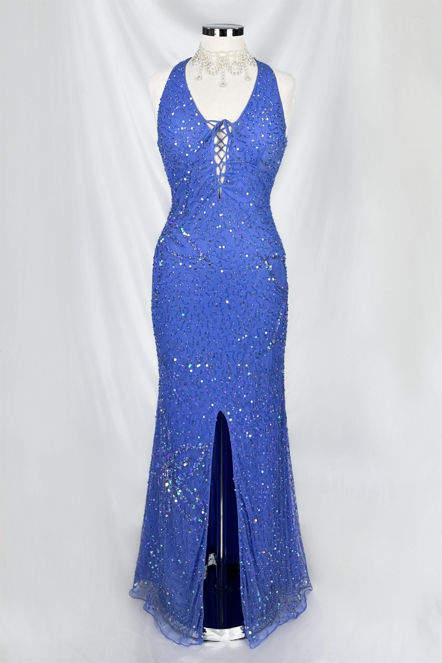 90s PROM QUEEN DARK PERIWINKLE EMBELLISHED BACKLESS MAXI DRESS
