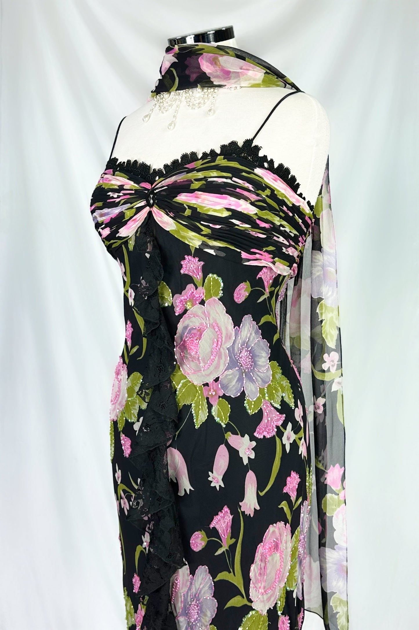 MIDNIGHT GARDENIA EMBELLISHED SILK DRESS & SCARF SET