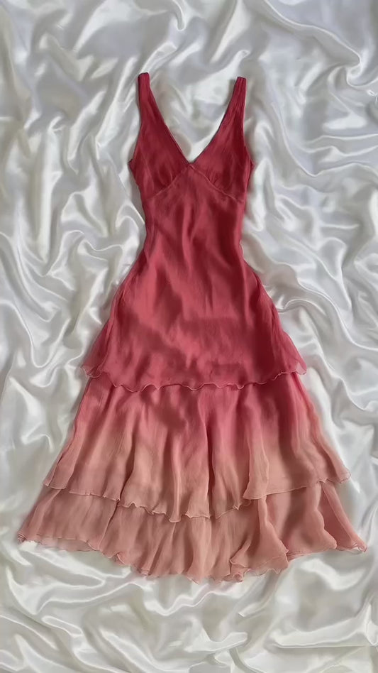 ROSETTA PEACH PINK SILK TIERED OMBRÉ MIDI DRESS